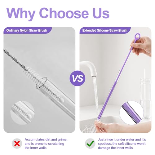 YOTIME Straw Cleaner Brush Extra Long 12.6 inch, 2Pcs Reusable Silicone Straw Brush for Sippy Cup, Water Bottle and Tubes, 6mm+9mm, Purple - color: Purple