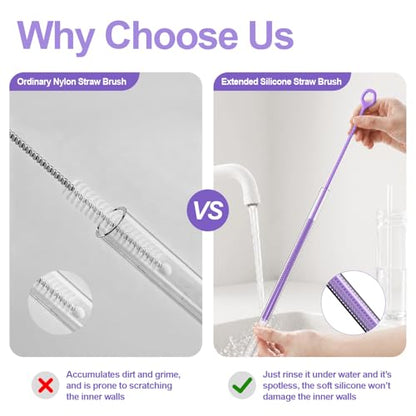 YOTIME Straw Cleaner Brush Extra Long 12.6 inch, 2Pcs Reusable Silicone Straw Brush for Sippy Cup, Water Bottle and Tubes, 6mm+9mm, Purple - color: Purple