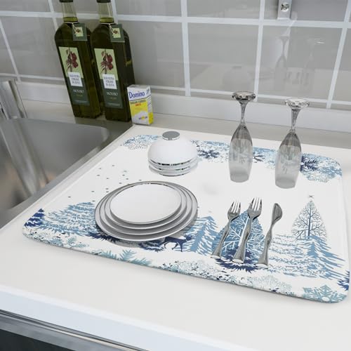 Giwawa Winter Blue Snowflake Dish Drying Mat Christmas Tree Kitchen Counter Dish Drainer Mats Xmas Forest Deer Moose Dish Dry Pad Bottles Protector for Kitchen Countertop Coffee Bar, 18x24 inch Large