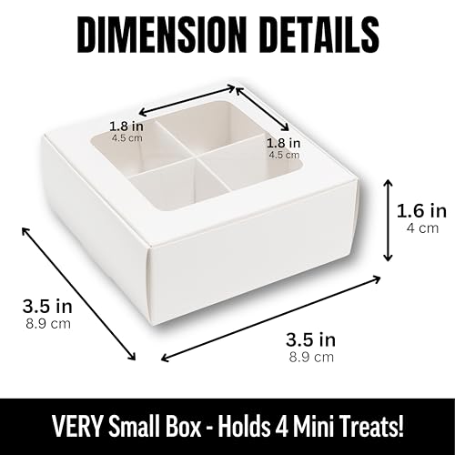 25 pcs White Mini Truffle Box for 4 Treats with Windows and Dividers, Bakery Boxes, 3.5 x 3.5 x 1.57 Inches VERY SMALL Baking Boxes, Square Truffles Box for Gift Giving - color: White