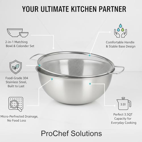 304 Stainless Steel Rice Washing Bowl and 40 Mesh Strainer Set, 3.5QT | 40-mesh strainer helps prevent grain loss while measurement marks and sturdy handles make rinsing and draining easier. - color: true
