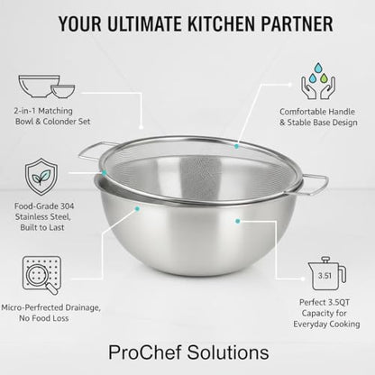 304 Stainless Steel Rice Washing Bowl and 40 Mesh Strainer Set, 3.5QT | 40-mesh strainer helps prevent grain loss while measurement marks and sturdy handles make rinsing and draining easier. - color: true