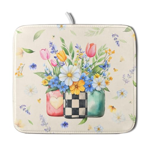 Giwawa Spring Flower Vases Dish Drying Mat for Countertop, 16"x18" Watercolor Floral Mason Jar Dish Drainer Mats, Wildflower Botanical Fast Dry Microfiber Small Dish Drying Pad Decoration - size: 18" x 16"