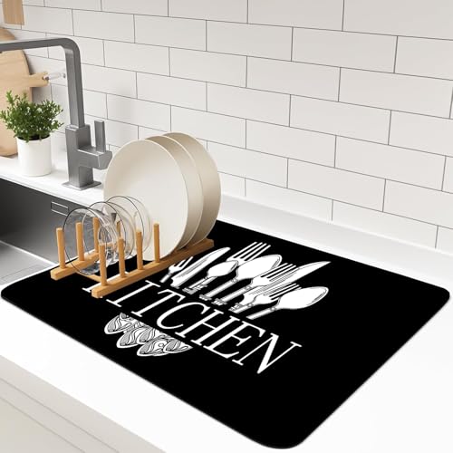 Dish Drying Mat For Kitchen Counter, 12"X20" Absorbent Coffee Bar Mat With Black Knife Fork Spoon Pattern Dish Drainer Rack Mat For Kitchen Counter (black, 12"X20") - color: Black, size: 20" x 12"