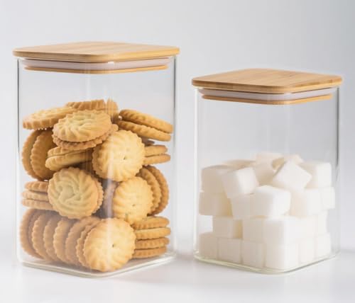 Glass Food Storage Jars with Airtight Lids, Clear Glass Jar with Bamboo Lid, Airtight Food Canister for Tea, Candy, Coffee, Sugar, Cookie, Snack. (Square | 5+6 Inch | 38+20 oz) - color: Square 2 Pack (38+20oz)