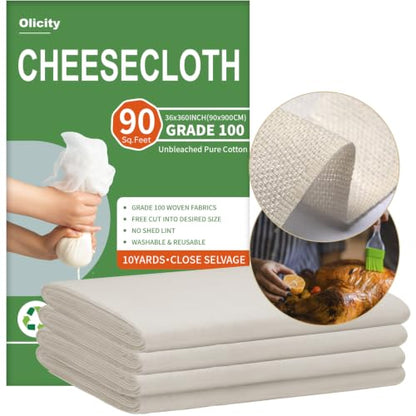Olicity Cheese Cloth Roll,Grade 100,3x30Ft, 90 Sq Feet, Reusable Cheese Cloths with Closed Edges Fabric Fine Mesh Cloth, Unbleached Cotton Muslin Bulk Cheesecloth Roll for Straining, Crafts - 10 Yards