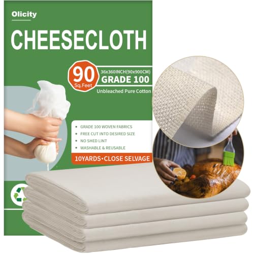 Olicity Cheese Cloth Roll,Grade 100,3x30Ft, 90 Sq Feet, Reusable Cheese Cloths with Closed Edges Fabric Fine Mesh Cloth, Unbleached Cotton Muslin Bulk Cheesecloth Roll for Straining, Crafts - 10 Yards