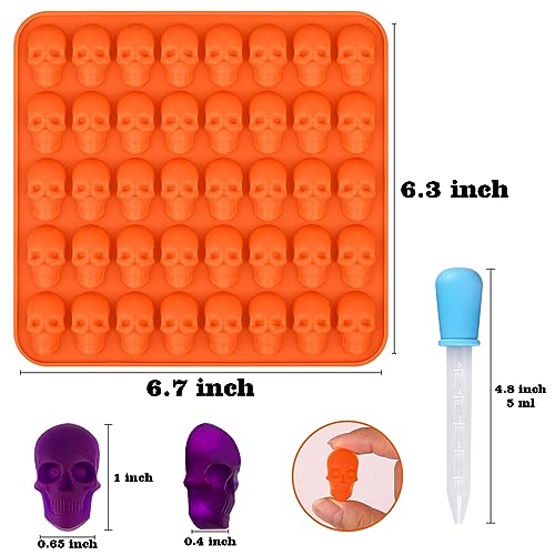 Sakolla 2 Pack Gummy Skull Candy Silicone Molds 40 Cavity Silicone Skull Molds with 2 Droppers for Halloween Chocolate, Candy,Jelly, Wax Melt, Dog Treats, Ice Cube - color: Mini Skull 40 Cavity/Purple&Orange