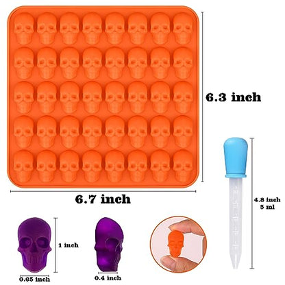 Sakolla 2 Pack Gummy Skull Candy Silicone Molds 40 Cavity Silicone Skull Molds with 2 Droppers for Halloween Chocolate, Candy,Jelly, Wax Melt, Dog Treats, Ice Cube - color: Mini Skull 40 Cavity/Purple&Orange