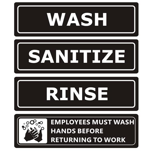 (4 PACK) Wash Rinse Sanitize Sink Labels Signs Stickers with Employees Must Wash Hands Sign, Self-adhesive Waterproof Aluminum Metal Sign for Restaurant Kitchen Sinks (9x3 inch, Black) - color: Black/White, size: 9" x 3"