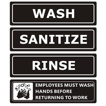 (4 PACK) Wash Rinse Sanitize Sink Labels Signs Stickers with Employees Must Wash Hands Sign, Self-adhesive Waterproof Aluminum Metal Sign for Restaurant Kitchen Sinks (9x3 inch, Black) - color: Black/White, size: 9" x 3"