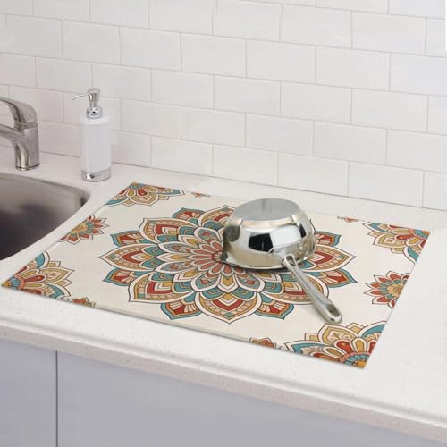 Boho Dish Drying Mat, for Bohemia Kitchen Counter Microfiber Absorbent, Western Dish Draining Reusable Washable Extra Large 18"x24" - color: Boho