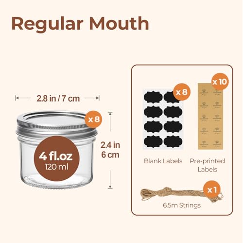 ComSaf Mini Mason Jars 4 oz, 8 Pack Regular Mouth Glass Jars with Lids | BPA-Free Materials, Spice Rack, Small Jam, Honey Samples, Wedding Favors, DIY Candles, Labels and Twine - size: 4oz*8 regular mouth