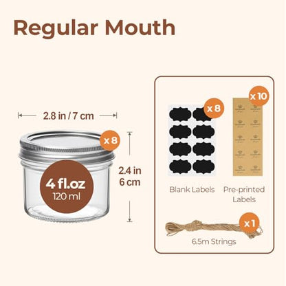 ComSaf Mini Mason Jars 4 oz, 8 Pack Regular Mouth Glass Jars with Lids | BPA-Free Materials, Spice Rack, Small Jam, Honey Samples, Wedding Favors, DIY Candles, Labels and Twine - size: 4oz*8 regular mouth