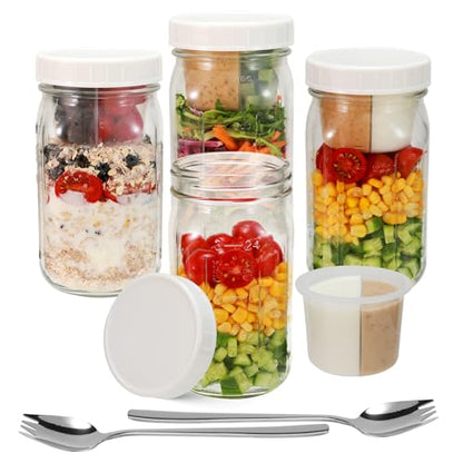 4 Pack Glass Salad Mason Jars with Lids Meal Prep 32 oz Wide Mouth | Mason Jars Salad Container for Lunch With Long Sporks-Leak-proof & Separate Compartments for Dressing and Dry Ingredients