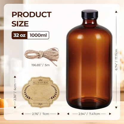 6 Pack 32 oz Amber Glass Bottles with Lids, Boston Round Glass Bottles with Black Caps for Secondary Kombucha Fermentation and Lab Chemicals