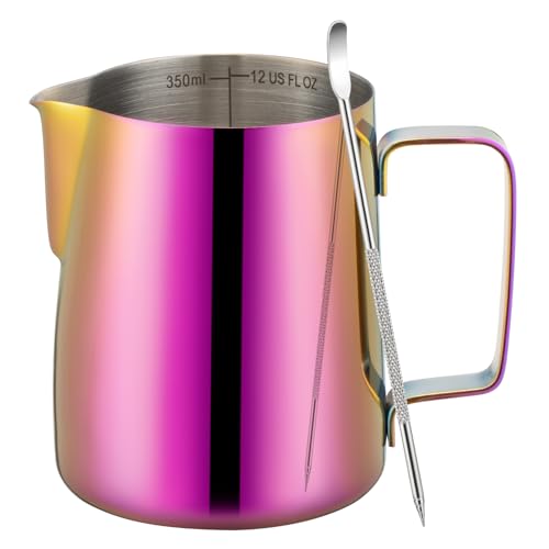 Amrules Milk Frothing Pitcher, 12 oz Milk Frother Cup with Clear Scale, 304 Stainless Steel Cappuccino Espresso Machine Accessories for Barista Coffee Bar with Latte Art Pen, Multipurple - color: Multipurple, size: 12 Ounces
