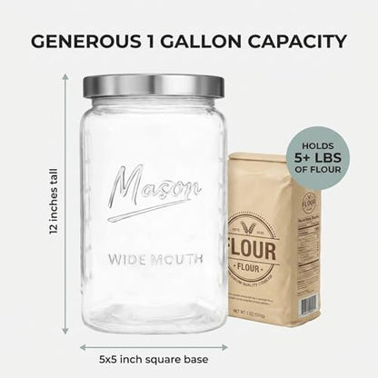 kitchentoolz 1 Gallon Glass Jar with Lid - Extra Large Mason Jar Wide Mouth with Airtight Metal Screw On Lid - Square Glass Storage Container with Measurements for Flour, Sugar, Cookies & Pickling