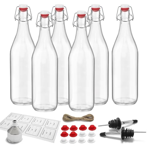6 Pack 33 oz 1000ml flip top glass bottles with swing lids sealing stoppers rotundity airtight leakproof clear perfect for beverages oils vinegar kombucha beer water soda kefir