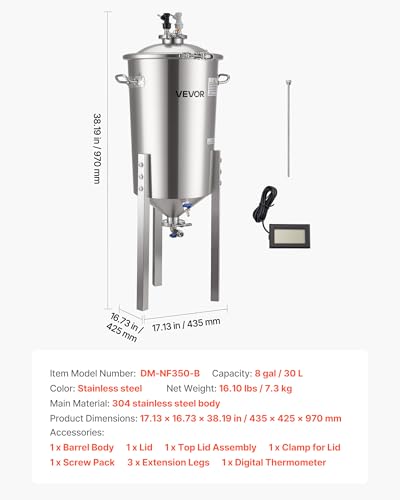 VEVOR Pressure Fermenter 15 PSI, 8 Gal/30L All-in-One Stainless Steel Conical Secondary Fermentation Bucket, for Wine, Beer Brewing Equipment - size: 8 Gal-Fermenter2.0