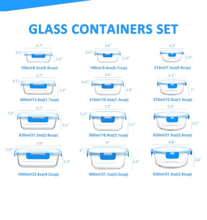 KOMUEE 24 Pieces Glass Food Storage Containers Set,Glass Meal Prep Containers, BPA-Free Airtight Glass Storage Containers with lids,Freezer, Microwave and Oven Safe,Blue - color: Blue