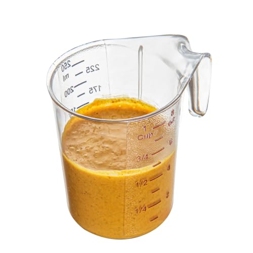 Restaurantware RW Base 1 Cup Measuring Jar 1 Durable Measuring Beaker - Metric And Imperial Units Handle With Thumb-Grip Design Clear Plastic Measuring Cup Tolerates Up To 248F - color: Clear, size: 3.75" × 3.00" × 3.75"