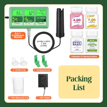 pH EC Continuous Monitor for Hydroponic, WiFi EC PPM CF pH Meter | 6 in 1 , Digital, pH TDS Temp Humidity Conductivity Monitor, for DWC Hydroponic System, Aeroponic Gardening, Aquaponic