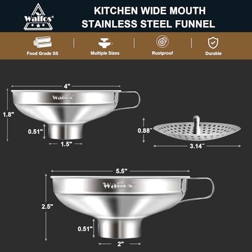 Walfos 5.5 Inch and 4 inch Stainless Steel Wide-Mouth Funnel with Handle for Wide and Regular Mason Jars Canning Jars,Wide Mouth Funnels for Kitchen Use Transferring Liquid and Dry Ingredients! - color: 2pcs Wide Funnels