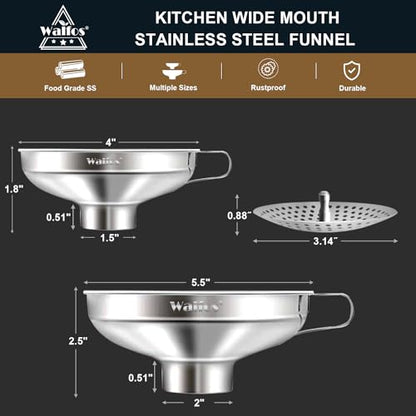 Walfos 5.5 Inch and 4 inch Stainless Steel Wide-Mouth Funnel with Handle for Wide and Regular Mason Jars Canning Jars,Wide Mouth Funnels for Kitchen Use Transferring Liquid and Dry Ingredients! - color: 2pcs Wide Funnels