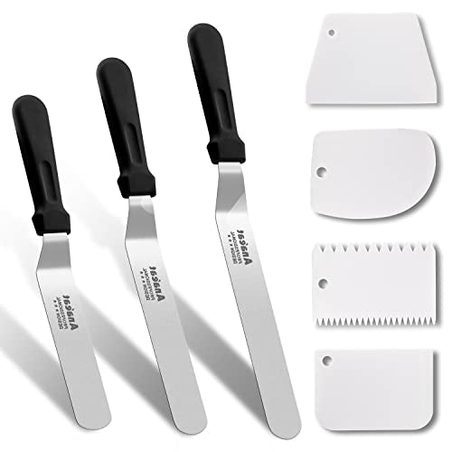 Anaeat Icing Spatula, 3 Pieces Professional Angled Offset Frosting Spatulas with 6", 8", 10" Stainless Steel Blades & 4 Pack Cake Smoother Scraper for Cake Decorating, Baking & Pastry (Set of 7) - color: Spatula & Scraper (Set of 7)