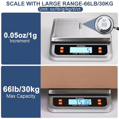 ATOGOU 66lb Food Scale, Commercial Kitchen Scale Plug-in Usable with Full View LCD Display, Stainless Steel, for Baking, Bread, Cooking, Meat, Vegetables, Farm, Industry LC200 Silver - size: Silver 66 lb (30 kg)
