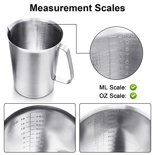 Flutesan 3 Pcs Stainless Steel Measuring Cups Measuring Pitcher with Handle with Markings for Latte Art, Water Pouring 2/4/8 Cup (16/32/64 oz)