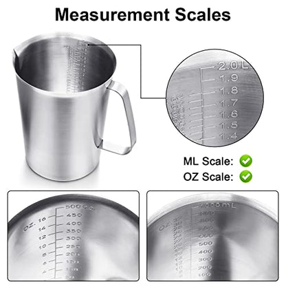 Flutesan 3 Pcs Stainless Steel Measuring Cups Measuring Pitcher with Handle with Markings for Latte Art, Water Pouring 2/4/8 Cup (16/32/64 oz)