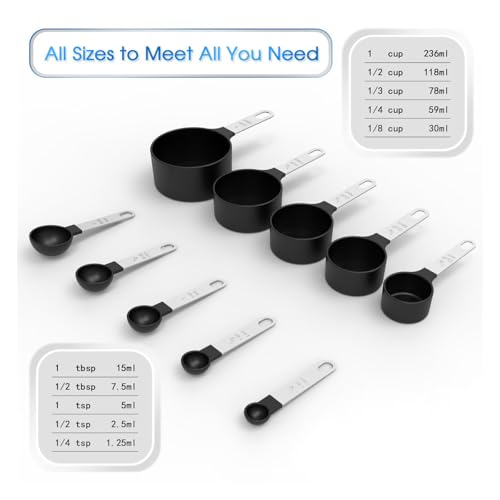 10Pcs Measuring Cups & Spoons Set, Stackable Cups and Spoons, Nesting Measure Cups with Stainless Steel Handle, Kitchen Gadgets for Cooking & Baking (Black) - color: Black