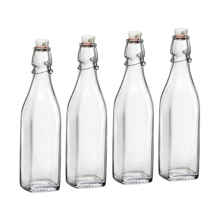 Bormioli Rocco 17oz Swing Bottle (Set of 4) - Reusable Glass Bottles with Airtight Leakproof Swing Tops, BPA-Free Office Water Bottle, Great for Homemade Syrups, Dressings, Infused Oils, Fresh Juices - size: 17 Oz.