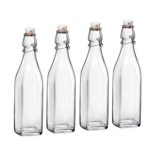 Bormioli Rocco 17oz Swing Bottle (Set of 4) - Reusable Glass Bottles with Airtight Leakproof Swing Tops, BPA-Free Office Water Bottle, Great for Homemade Syrups, Dressings, Infused Oils, Fresh Juices - size: 17 Oz.
