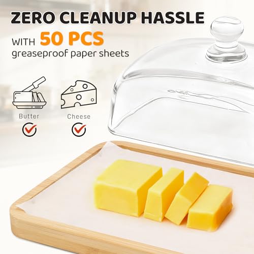 Butter Dish with Lid and 4 Cheese Knives Set, Bamboo and Glass | Glass butter dish with bamboo lid, 4 cheese knives included, 50 greaseproof paper sheets, Dishwasher safe, Easy to clean
