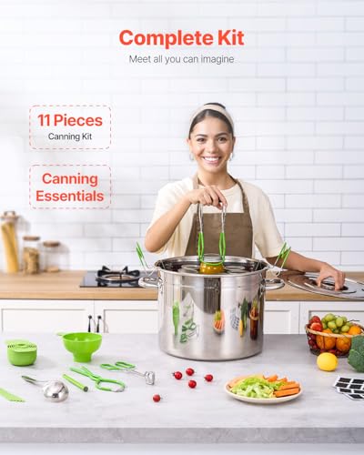 VEVOR Canning Supplies Starter Kit, 11 Pieces Stainless Steel Water Bath Canning Kit for Beginners, Canning Tools Set: Pot, Rack, Lid, Ladle, Funnel, Tongs, Jar Lifter, Wrench, Measuring Cup - size: 11PCS