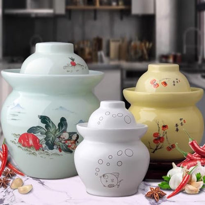 Traditional Chinese Hand Painted Porcelain Fermentation Crock With Water Seal Lid, Ceramic Pickling Jar, 1 Pcs(Blue,3.5kg) - color: Blue, size: 3.5kg