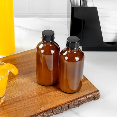 Restaurantware Vetri 4 Ounce Boston Glass Bottles, 24 Sample Bottles With Black Phenolic Caps - Dishwashable, Round, Amber Glass Bottle, For Potion, Juice, Ginger Shots, Whiskey, Liquids - color: Amber, size: 4 oz