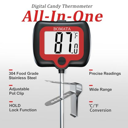 BOMATA Digital Candy Thermometer with Pot Clip, Deep Fry Oil Thermometer with Rotatable Display & Long Probe, for Candy Candle Making, Cooking, Food, Liquids, Water, Sugar.. Black - color: Black