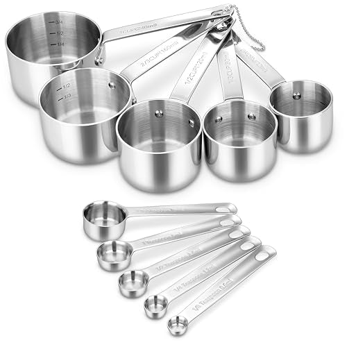 KEAWELL Premium 10-Piece 18/10 Stainless Steel Measuring Cups ans Spoons Set – Durable, Stackable, Dishwasher Safe – Nesting Design for Baking & Cooking (Silver, Measuring Cups & Spoons) - size: Measuring Cups & Spoons