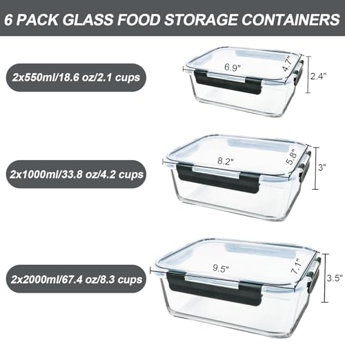 M MCIRCO 67.4oz(8.3 cup), 33.8oz(4.2 cup)& 18.6oz(2.1 cup) Extra Large Glass Food Storage Containers Set with Lids, 6 Pack Airtight Glass Storage Container for Microwave,Oven,Freezer Dishwasher - size: 6pcs