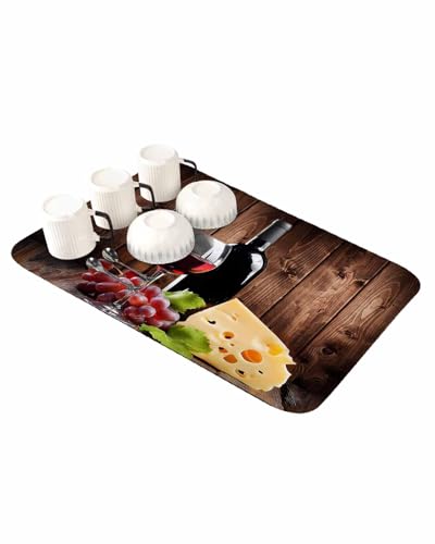 Wine Cheese Dish Drying Mat for Kitchen Counter, Drying Mats Super Absorbent Microfiber Kitchen Countertop Protector Dishes Pad 16"x18", Grapes Farmhouse Brown Wooden Plank - size: 18" x 16"