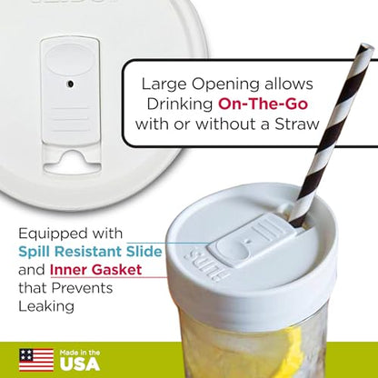 Wide-Mouth Mason Jar Drink Lid - USA Made, BPA-Free, Spill-Resistant for Coffee, Cold Brew & Iced Tea - Fits 3 3/8 in Ball & Kerr Wide Mouth - Pack of 2 - color: White