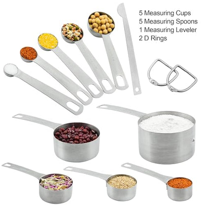 18/8 Stainless Steel Measuring Cups and Spoons Set of 11, Metal Measuring Cups with 1/8 Measuring Cup Set, Dry Measure Cup and Spoon Set for Kitchen and Baking
