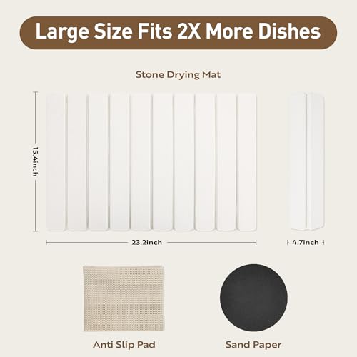 Large Stone Drying Mat for Kitchen Counter 24x16 Inch, Premium Diatomaceous Earth Super Absorbent | Quick Dry Non-Slip Collapsible Dish Mat for Dishes Utensils Cups | Eco-Friendly Counter Protector