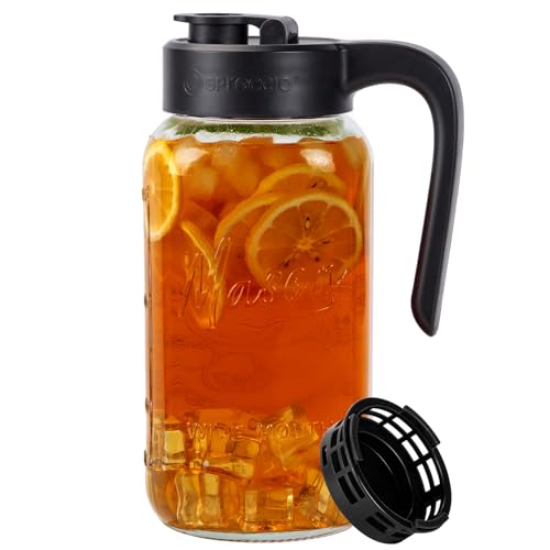 Mason Jar Pitcher with Tea Filter, 64 oz Glass Pitcher with Lid | Airtight, Leakproof, Pour Spout Lid, Ergonomic Handle, Fridge Safe, for Outside, Sun Tea, Lemonade, iced Tea - color: Black