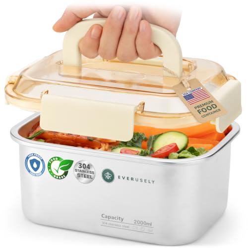 Everusely - Extra Large Stainless Steel Food Container + Snap Lock Lid - 68 oz - Airtight Food Storage Box - Meal Prep, Vegetables, Travel Lunch, Marinating Meat - Microwave, Oven, Refrigerator Safe - size: 2000mL