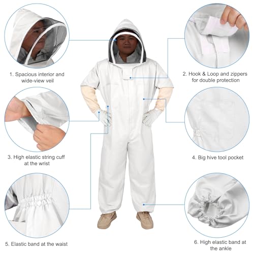 HARFINGTON 3Sets Bee Suit for Men and Women XXL Beekeeping Suits Outfit with Glove and Veil Hood Bee Suits for Men Proof Backyard Professional and Beginner Bee Keeper Thick, White - size: XXL